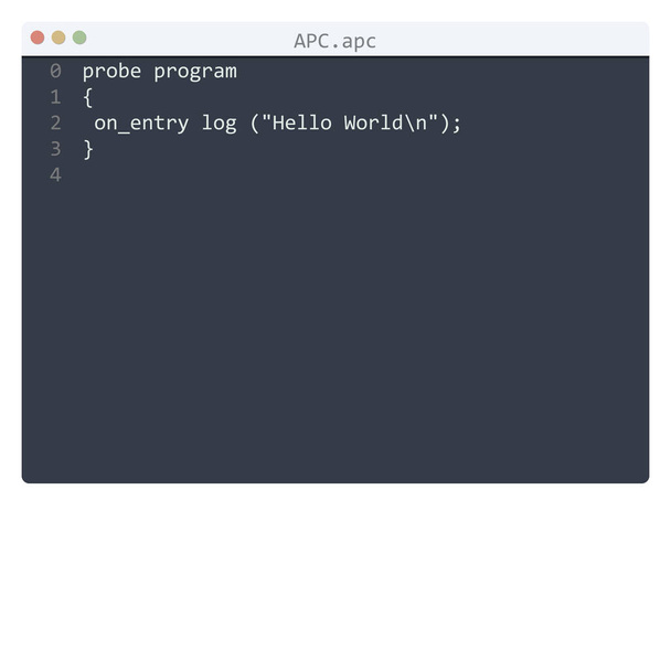 Język APC Hello World próbka programu w oknie edytora - Wektor, obraz
