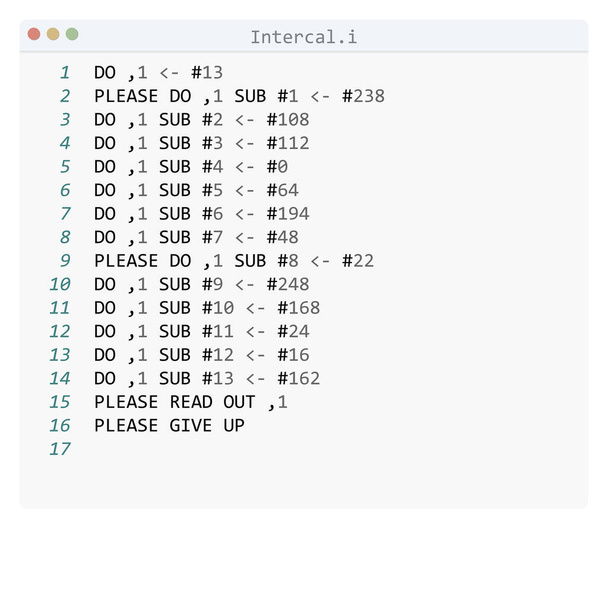 Intercal language Hello World programma sample in editor window - Vector, afbeelding