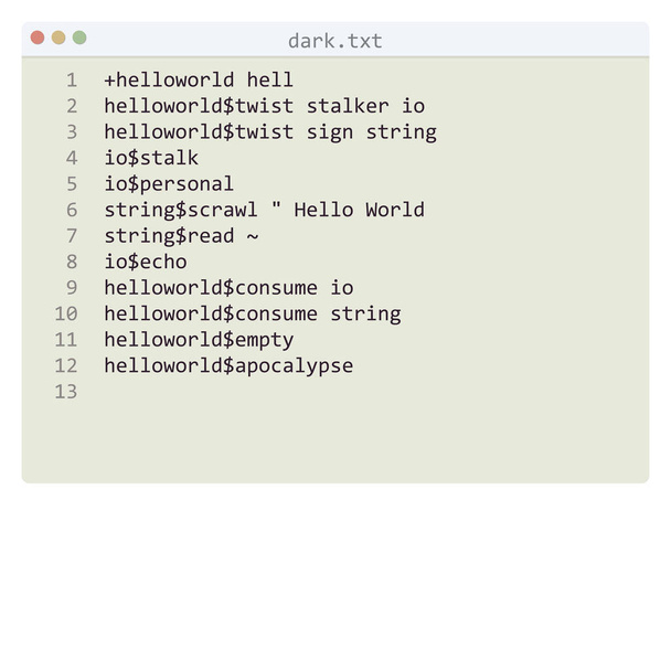 lenguaje oscuro Hello World muestra del programa en la ventana del editor - Vector, Imagen