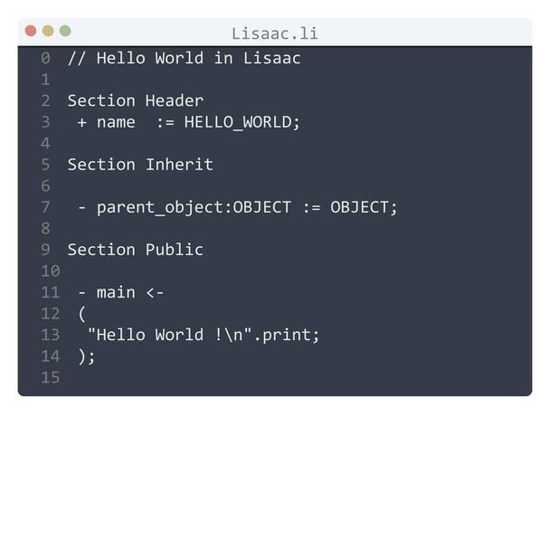 Lisaac γλώσσα Hello Παγκόσμιο δείγμα προγράμματος στο παράθυρο επεξεργαστή - Διάνυσμα, εικόνα