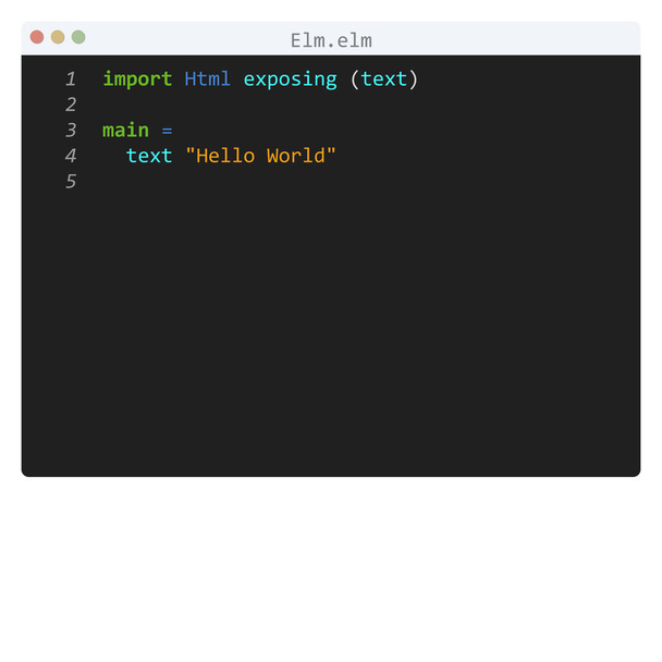 Elm language Hello Παγκόσμιο δείγμα προγράμματος στο παράθυρο επεξεργαστή - Διάνυσμα, εικόνα