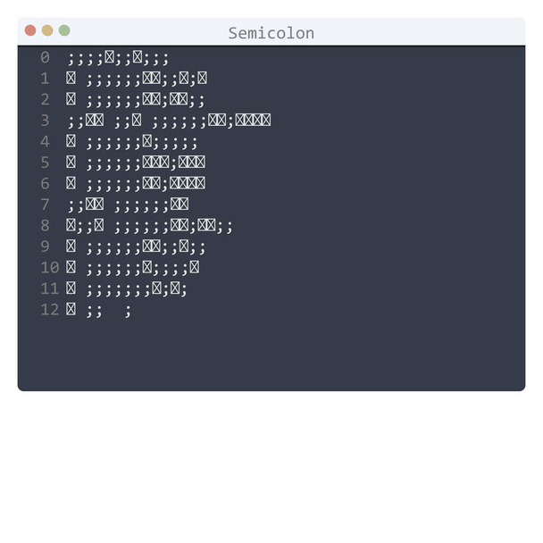 Semicolon language Hello World program sample in editor window - Vector, Image