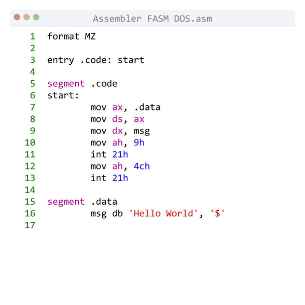 Assembler FASM DOS language Hello World program sample in editor window - Vector, Image