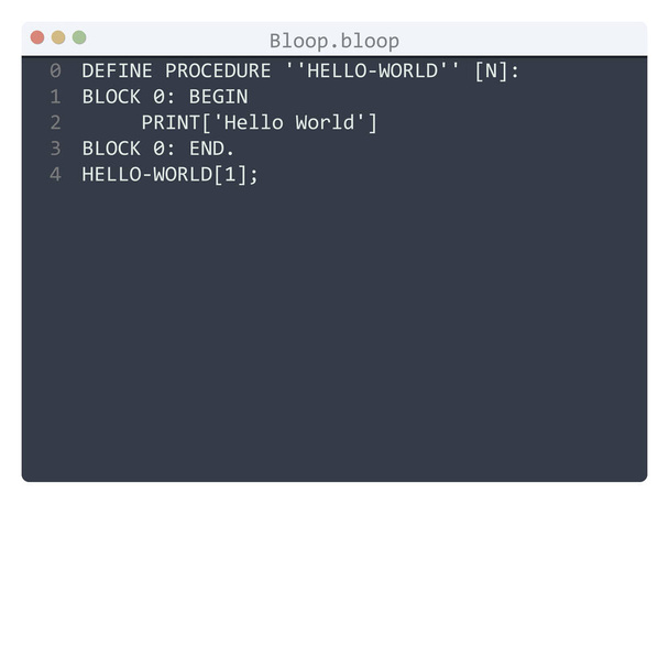 Bloop language Hello World program sample in editor window - Vektor, obrázek
