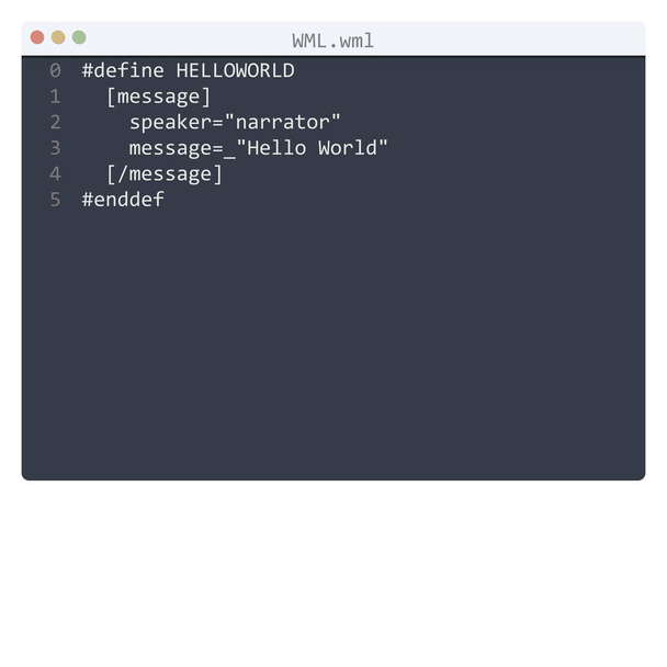 WML γλώσσα Hello World δείγμα προγράμματος στο παράθυρο επεξεργαστή - Διάνυσμα, εικόνα