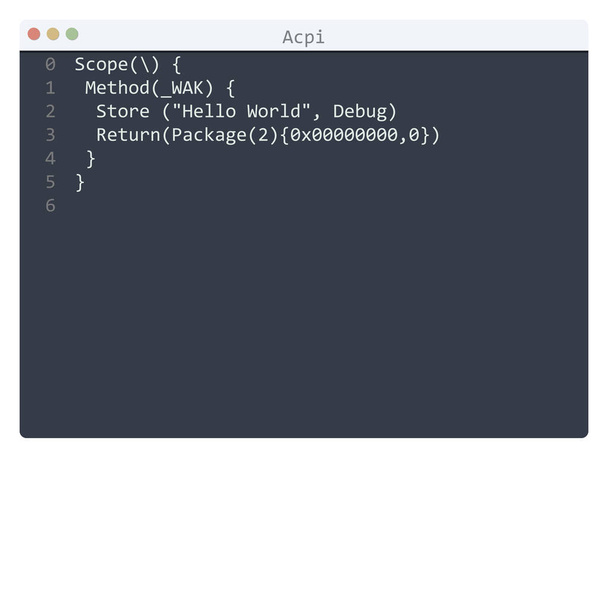 Acpi-Sprache Hello World-Programmbeispiel im Editor-Fenster - Vektor, Bild