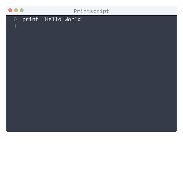 Printscript γλώσσα Hello World δείγμα προγράμματος στο παράθυρο επεξεργαστή - Διάνυσμα, εικόνα