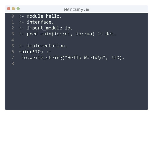 Mercury γλώσσα Hello Παγκόσμιο δείγμα προγράμματος στο παράθυρο επεξεργαστή - Διάνυσμα, εικόνα