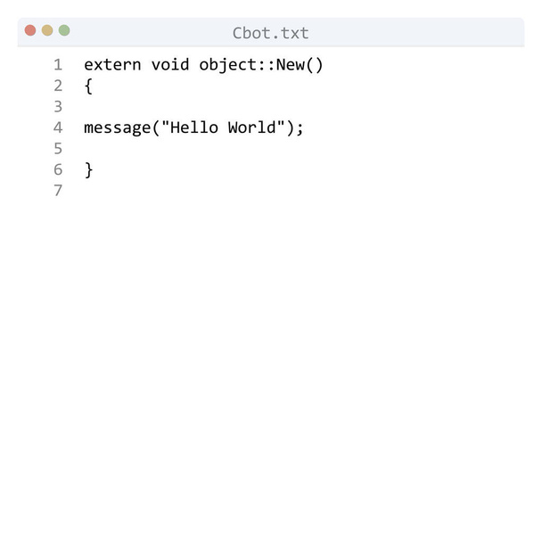 Cbot jazyk Hello World program ukázka v okně editoru - Vektor, obrázek