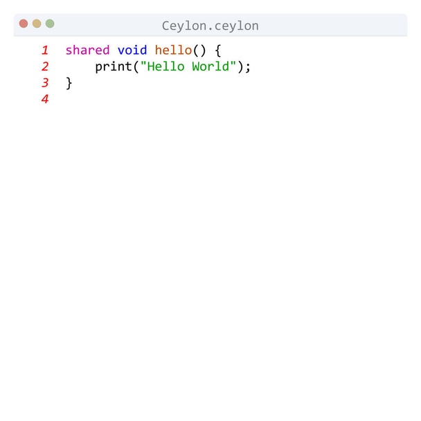 Ceylon language Hello World program sample in editor window - Vector, Image