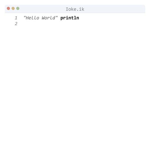 Ioke language Hello World program sample in editor window - Vector, Image