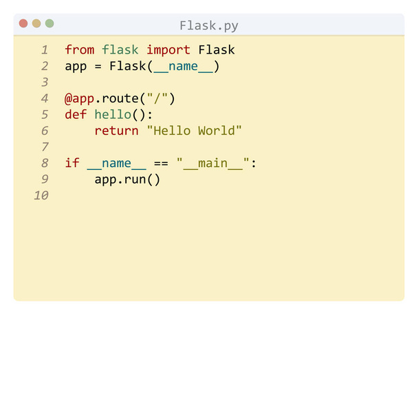 Flask γλώσσα Γεια σας Παγκόσμιο δείγμα προγράμματος στο παράθυρο επεξεργαστή - Διάνυσμα, εικόνα