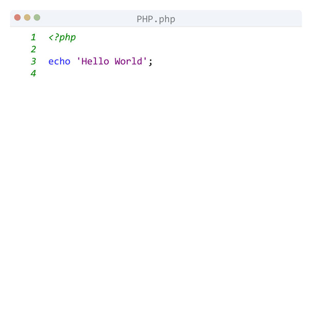 PHP γλώσσα Hello Παγκόσμιο δείγμα προγράμματος στο παράθυρο επεξεργαστή - Διάνυσμα, εικόνα