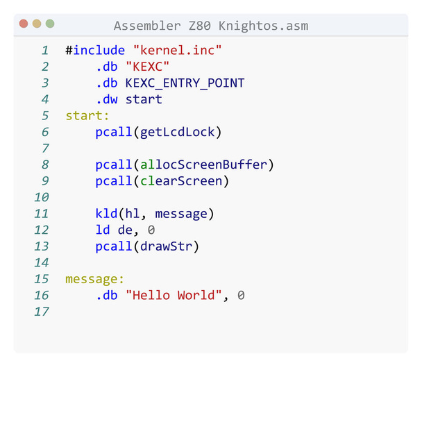 Assembler Z80 Knightos language Hello World program sample in editor window - Vector, Image