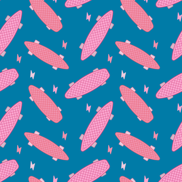Vector Girlish Illustration of Pink Penny Skateboard with Lightning. Skateboarding Seamless Pattern with Cartoon Skate Board. Flat Style Skate Background for T-shirt and Paper Print - Vektor, kép