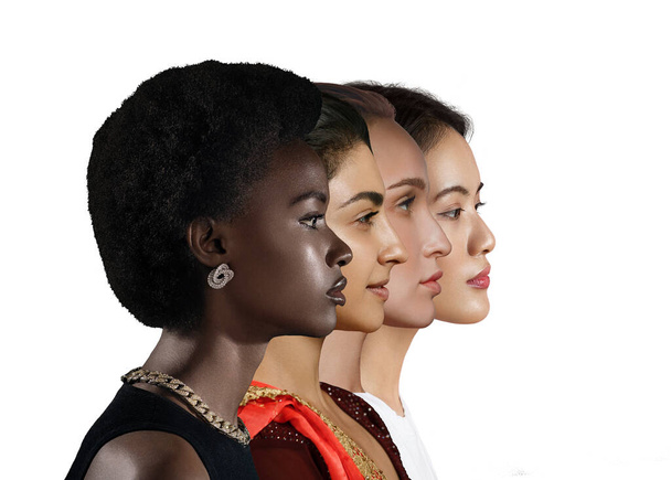 Donna caucasica, afro-americana, donna asiatica e donne indiane profilo ritratto isolato su sfondo bianco. Diverse nazioni uguaglianza. Più razze diverse concetto di amicizia femminile - Foto, immagini
