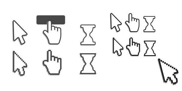 Pixel kurzorok ikonok egér kéz nyíl. Egér számítógép kurzor. Kézi nyíl web kurzor készlet - Vektor, kép
