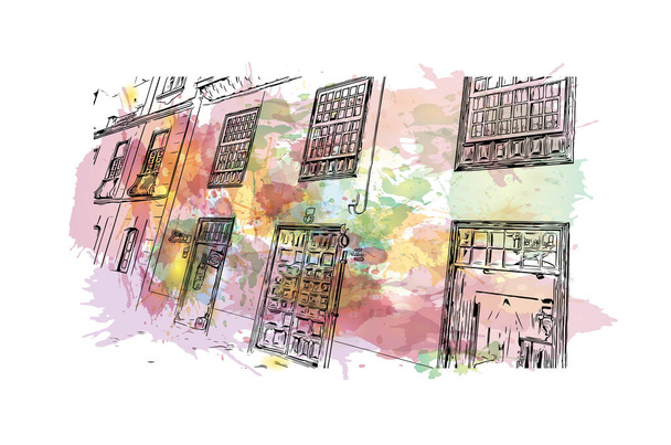 印刷ラ・ラグーナのランドマークとビルの景色はスペインの街です。手描きのスケッチイラストと水彩スプラッシュベクトル. - ベクター画像