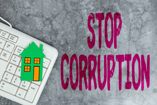 Inspiracja ukazująca znak Stop Korupcji. Podejście biznesowe Połóż kres nadużywaniu powierzonej władzy dla prywatnego zysku Oszczędzanie pieniędzy dla zupełnie nowego domu, Abstrakcyjny zakup i sprzedaż nieruchomości - Zdjęcie, obraz