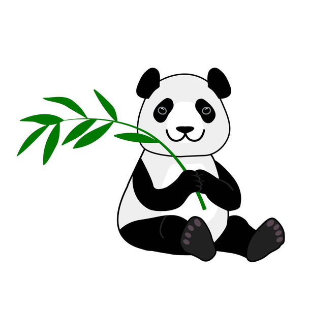 Cute smiling panda bear sitting with bamboo branch. Vector cartoon illustration isolated on white background. - Vektor, obrázek