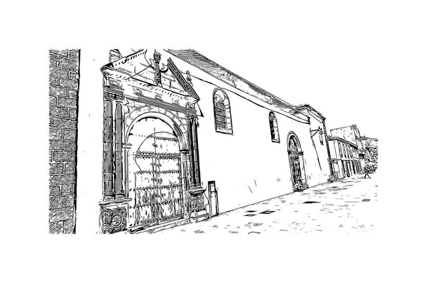 Print Building view with landmark of La Laguna a város Spanyolországban. Kézzel rajzolt vázlat illusztráció vektorban. - Vektor, kép