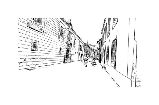 印刷ラ・ラグーナのランドマークとビルの景色はスペインの街です。手描きのスケッチ図ベクトル. - ベクター画像