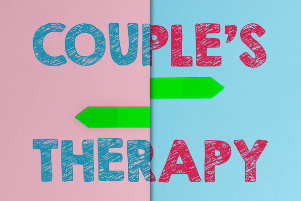 Sign displaying Couple S Therapy. Business concept treat relationship distress for individuals and couples Two Objects Arranged Facing Inward Outward On a Separated Coloured Background - Photo, Image