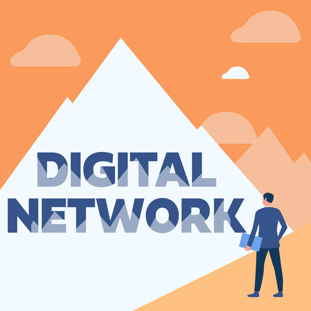 Conceptual display Digital Network. Business idea network incorporating digital switching and transmission Gentleman In Suit Standing Holding Notebook Facing Tall Mountain Range. - Photo, Image