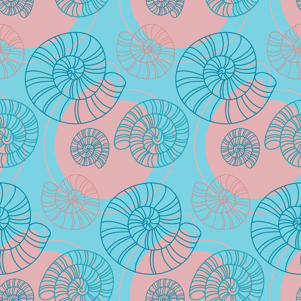 Nahtloses Muster Muschel blau rosa Farbe. Design für Stoff, Textil, Packpapier, Tapete, Hintergrund - Vektor, Bild