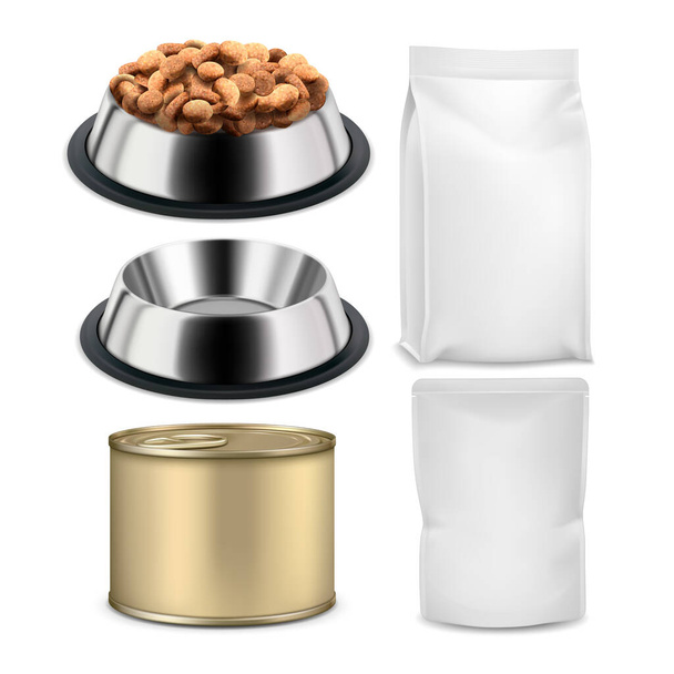 Pet Food Plate And Blank Bags Packages Set Vector - Διάνυσμα, εικόνα