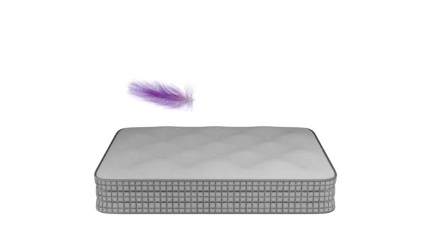 3d animation of a feather falling on a mattress. A feather, a down of pink purple color easily and smoothly falls on a thick mattress with a gray border. The camera moves smoothly forward. - Footage, Video