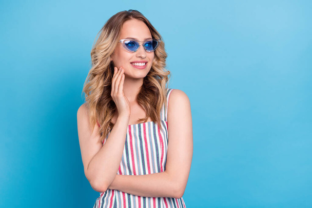Photo portrait blonde woman in sunglass folded hands looking copyspace isolated pastel blue color background - Valokuva, kuva