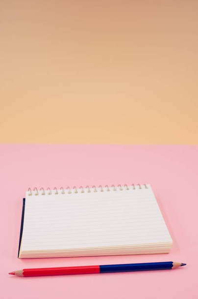Un colpo verticale di un notebook aperto con una penna su sfondo rosa con spazio di copia - Foto, immagini