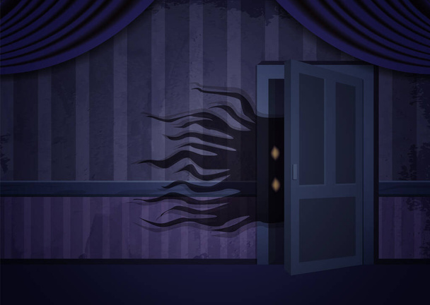 Habitación vieja envejecida con fondo de pantalla grunge de rayas azules y criatura espeluznante fuera de la puerta para el diseño de Halloween vector - Vector, imagen