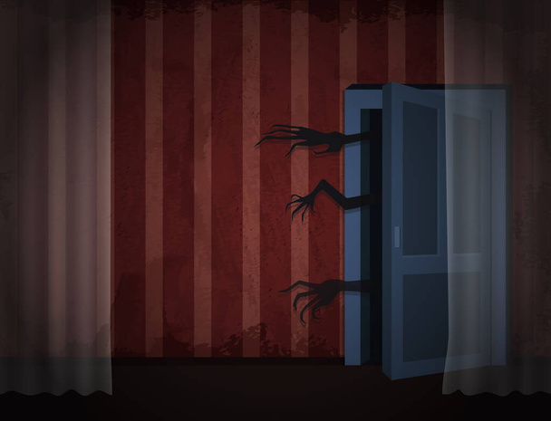 Verouderde oude kamer met rood gestreepte grunge behang, transparant gordijn en griezelige handen uit de deur voor vector Halloween ontwerp - Vector, afbeelding
