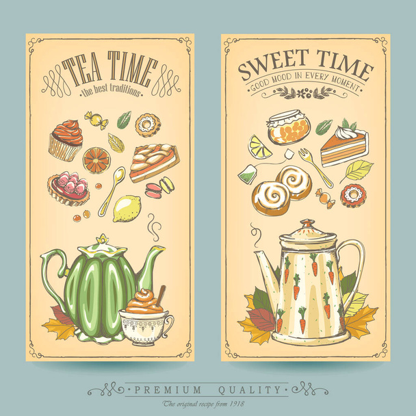Karte Sammlung Gebäck und Tee. Vintage-Poster von Konditorei oder Kaffeehaus. Freihandzeichnung, Skizze - Vektor, Bild