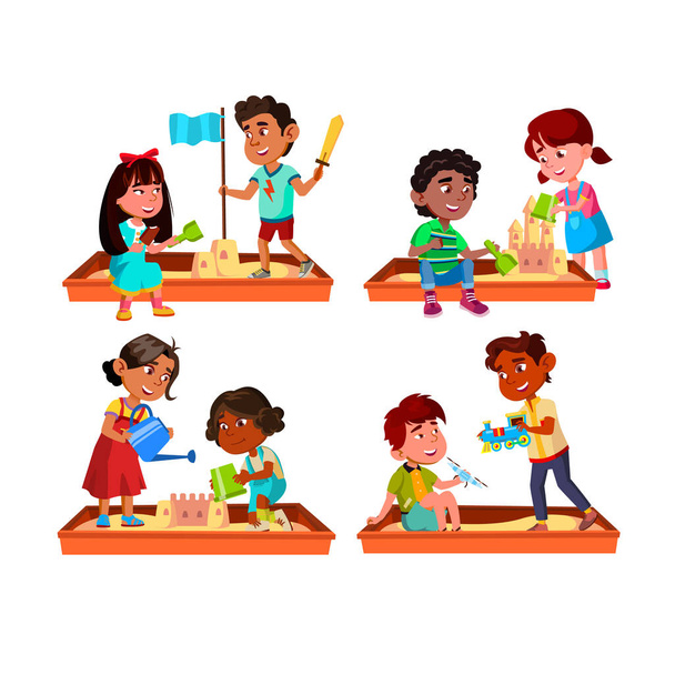 Boy And Girl Kids Playing In Sandbox Set Vector - Vector, Image