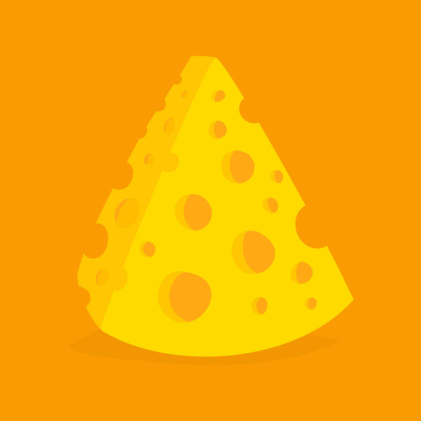 Çizgi film tarzında, turuncu sarı arka planda izole edilmiş peynir parçası. Lezzetli yemek ikonu. Vektör İllüstrasyonu. - Vektör, Görsel