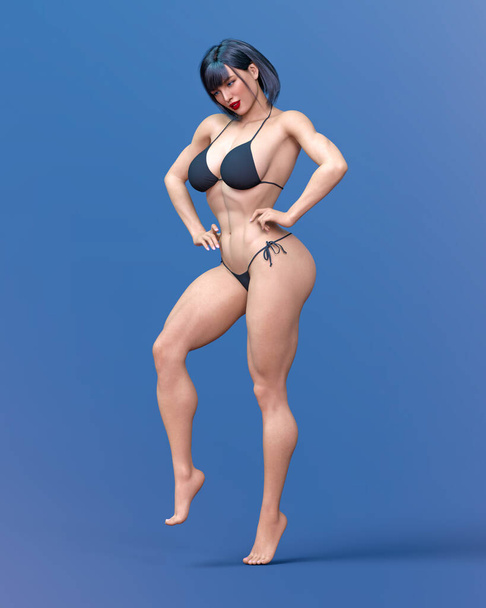 Beautiful athlete bodybuilder woman.Girl in sports bikini.Strong woman posing.Sports lifestyle.Woman studio photography.Conceptual fashion art.Femme fatale.3D Render. - Fotografie, Obrázek