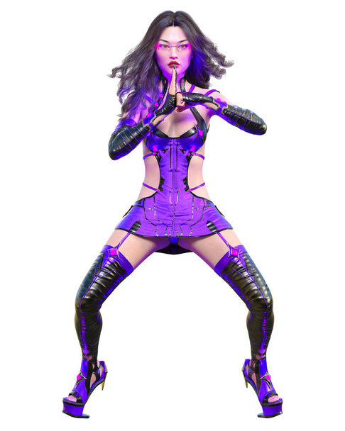 3D japanese assassin warrior amazon woman render.Futuristic neon glow costume.Comic cosplay hero.Cartoon, comics, manga illustration.Conceptual fashion art.Seductive candid pose.Isolated - Fotó, kép