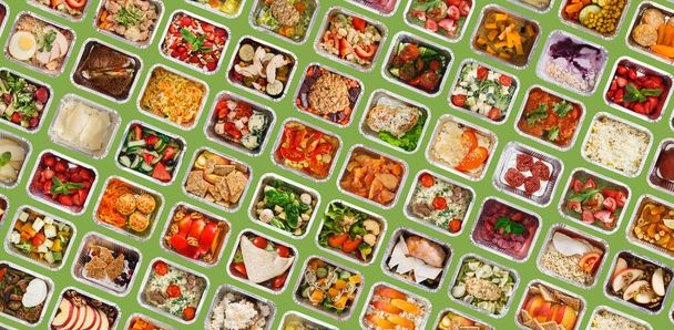 Divers savoureux repas sains emballés dans des conteneurs de feuilles à emporter, Collage créatif - Photo, image