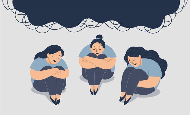 精神衛生の概念。悲しい女性たちが床に座っている。悲しいと絶望的なうつ病に苦しむ。ストレスや心理的な問題。パニック発作女性. - ベクター画像