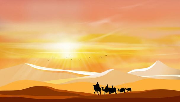 Krajobraz pustynny z arabską rodziną lub muzułmańską przyczepą jadącą na wielbłądzie przez wydmy z słońcem nad górami podczas zmierzchu w pomarańczowym kolorze nad pustynią, koncepcja Ramadan Kareem - Wektor, obraz