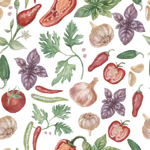 Chili pepper spices watercolor hand drawn illustration. Print textile patiern seamless set background, spicy food - 写真・画像
