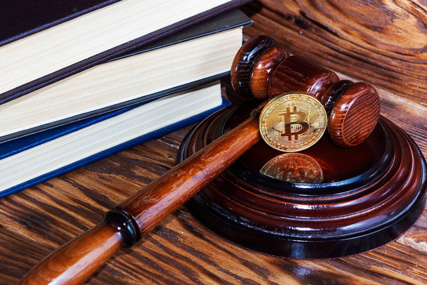 bitcoin, judge's hammer. Concept bitcoin ban, violation of the law - Photo, Image