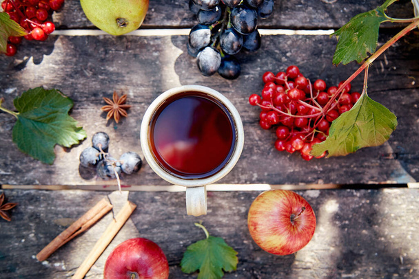 Rustikální útulný zátiší na dřevěném pozadí: šálek čaje, ovoce, zeleniny, viburna, lískových oříšků, anýzu a skořicových tyčinek. Podzimní estetická zátiší. Koncept Dne díkůvzdání - Fotografie, Obrázek