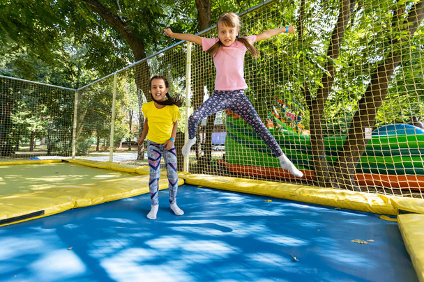 夏には2人の女の子がトランポリンでジャンプし、笑顔で笑っています。子供は遊ぶ。新鮮な空気の中でリラックス。友達はトランポリンでジャンプします。幸せな子供 - 写真・画像