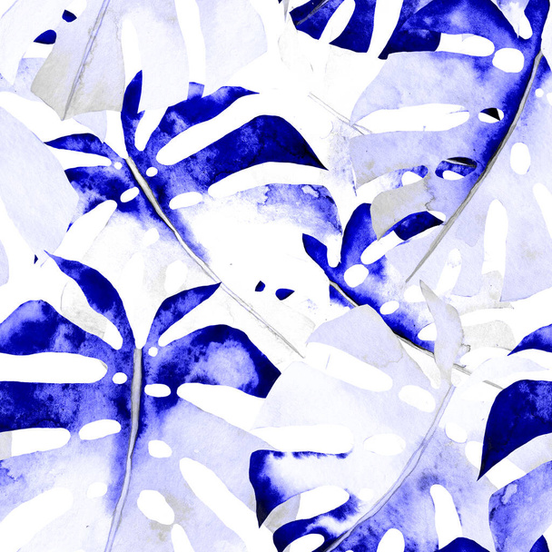 Akvarel bezešvný vzor s barevnými abstraktními tropickými listy. Jasné letní potisky s exotickými rostlinami. Tvůrčí trendy botanický textil design. - Fotografie, Obrázek