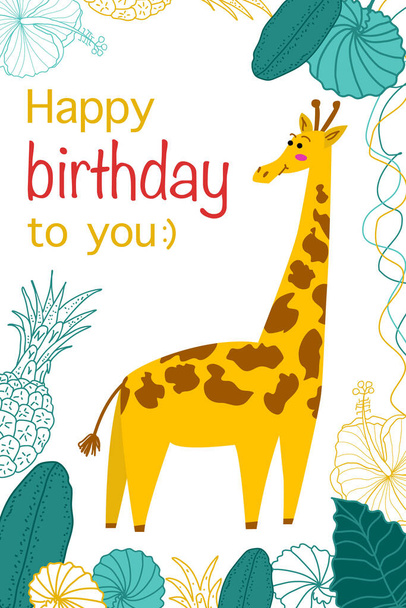 Birthday card. Printable vector greeting card template. Cute giraffe, lianas and palm leaves with greeting lettering - Διάνυσμα, εικόνα