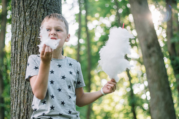 Boy 7-10 eating cotton candy in sunny park among tall trees on green grass - Photo, Image